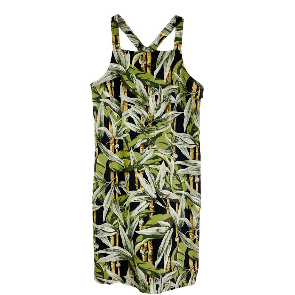 Vintage green black tropical floral botanical Hawaiian beaded midi dress 6